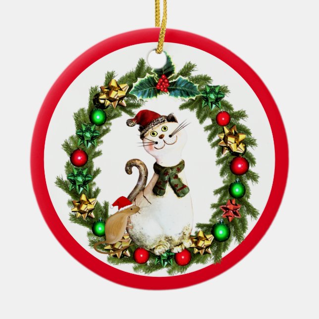 Söt julkattt och mus julgransprydnad keramik (Framsidan)