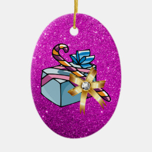 Söt Julklapp & Rosa Faux Glitter Julgransprydnad Keramik