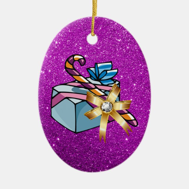 Söt Julklapp & Rosa Faux Glitter Julgransprydnad Keramik (Framsidan)