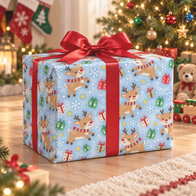 Söt julklappspapper med blå renar för barn presentpapper (Skapare uppladdad)