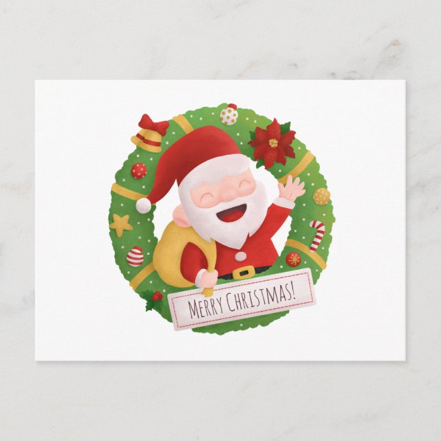 Söt julkrans postkort med tomte helg vykort (Framsida)