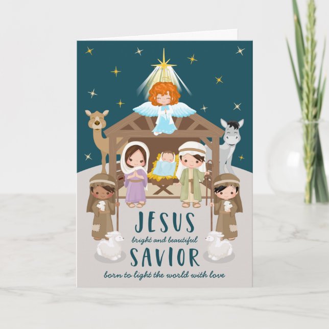 Söt julkrubba baby Jesus jul | Beige Helgkort (Framsida)