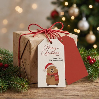 Söt julmarmot i tomteluva och vinterhalsduk presentetikett