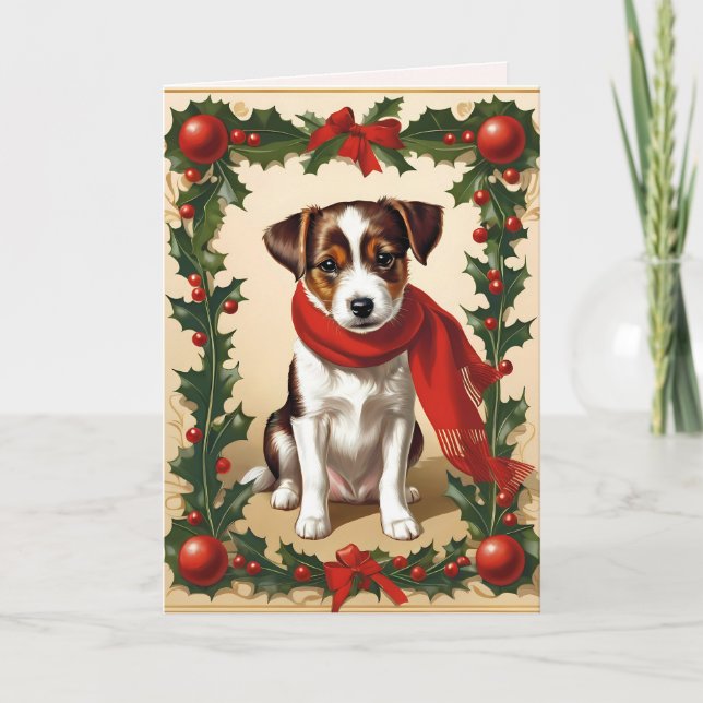Söt julmas vintage hund helgkort (Framsida)