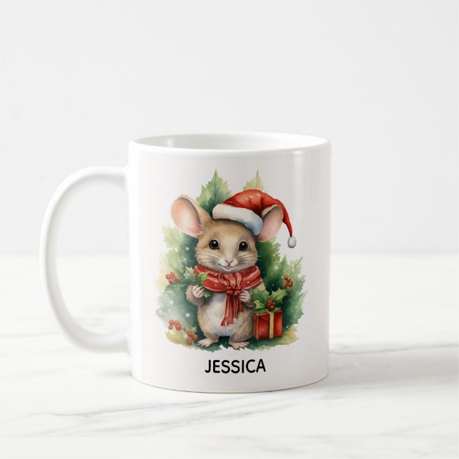 Söt julmus med röd tomteluva namn kaffemugg (Vänster)