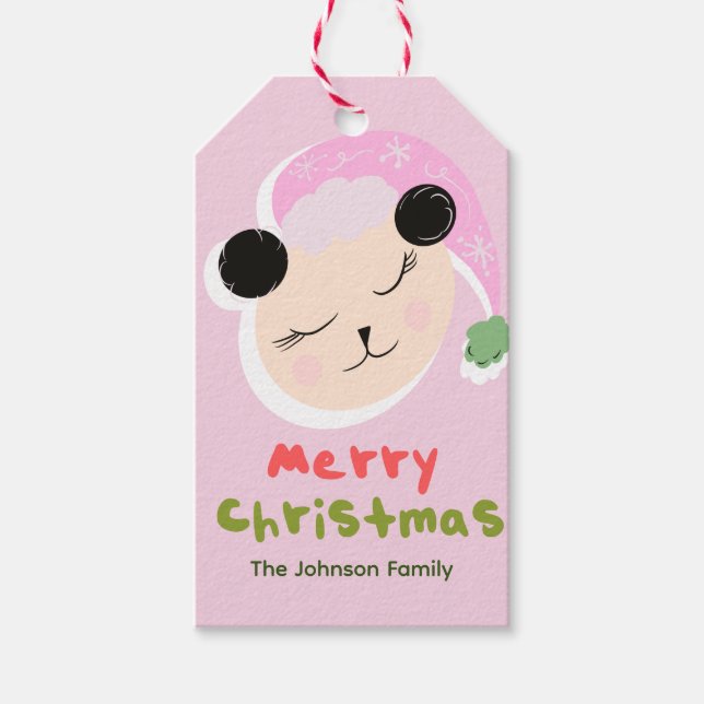 Söt julpanda rosa tomteluva familj presentetikett (Framsidan)