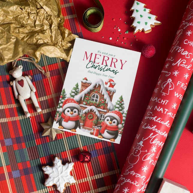 Söt julpenguin och pepparkakshus julkort (Skapare uppladdad)