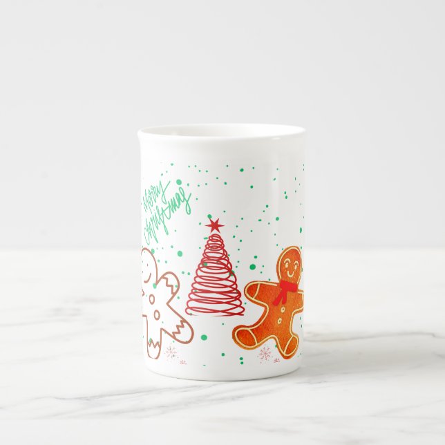 Söt julpepparkaksgubbe och träd mönster.  benporslin mugg (Framsidan)