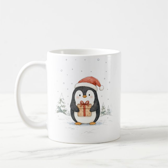 Söt julpingvin med present och tomtehatt  kaffemugg (Vänster)