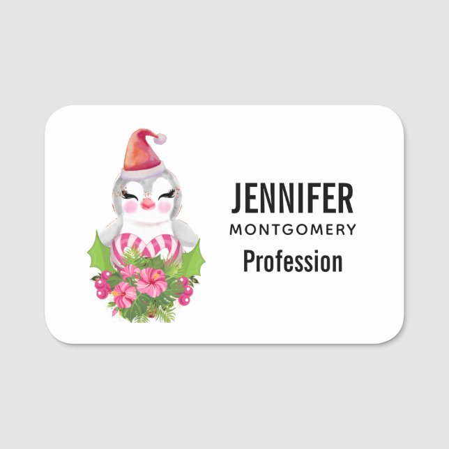 Söt julpingvin med tomteluva namnbricka (Framsida)