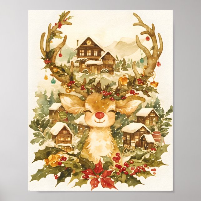Söt julren Vattenfärg i vintage-stil  Poster (Framsidan)