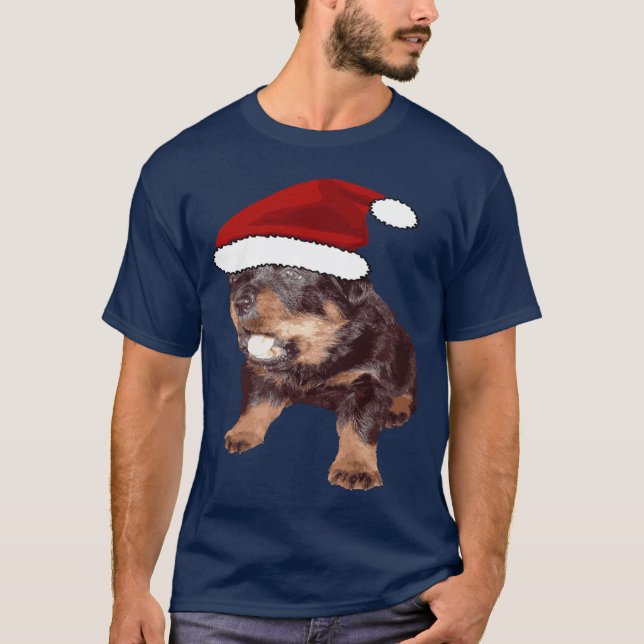 Söt julrottweiler med röd tomtehatt t shirt (Framsida)
