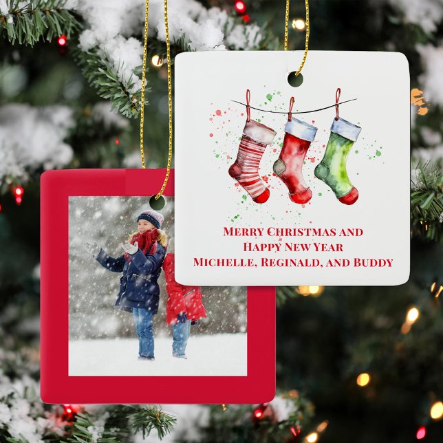 Söt julstrumpa anpassad bild  julgransprydnad keramik (Christmas Photo Custom Cute Holiday Stocking Ornament.)
