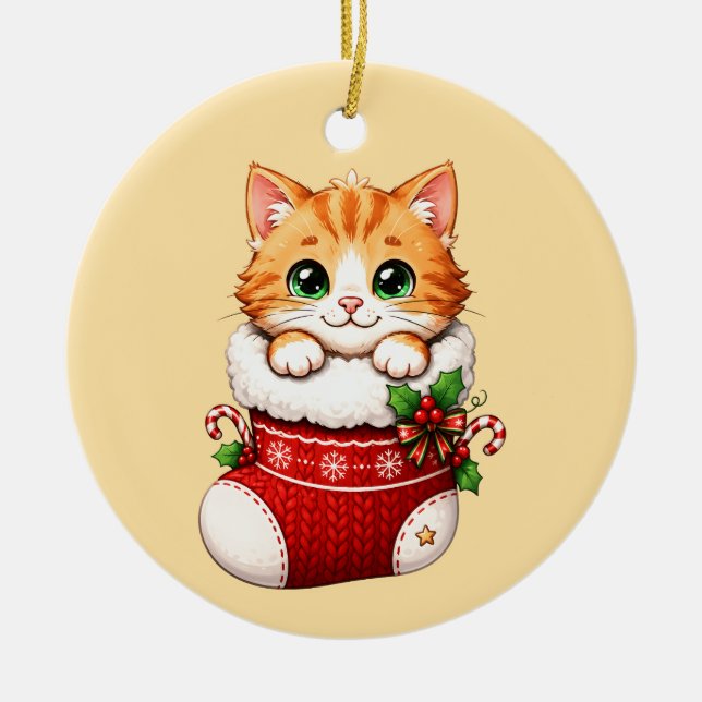 Söt julstrumpa katt keramisk prydnad julgransprydnad keramik (Framsidan)