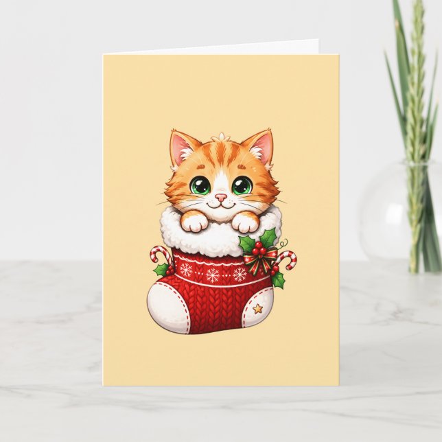 Söt julstrumpa katt keramisk prydnad kort (Framsida)