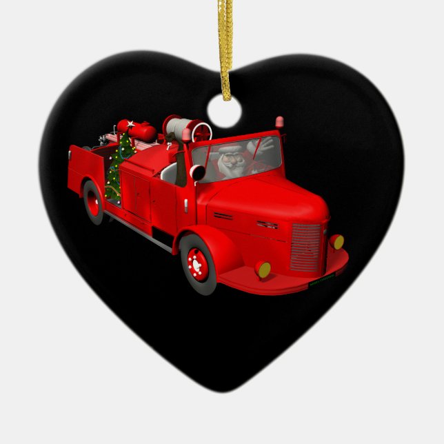 Söt jultomte i brandbil julgransprydnad keramik (Framsidan)