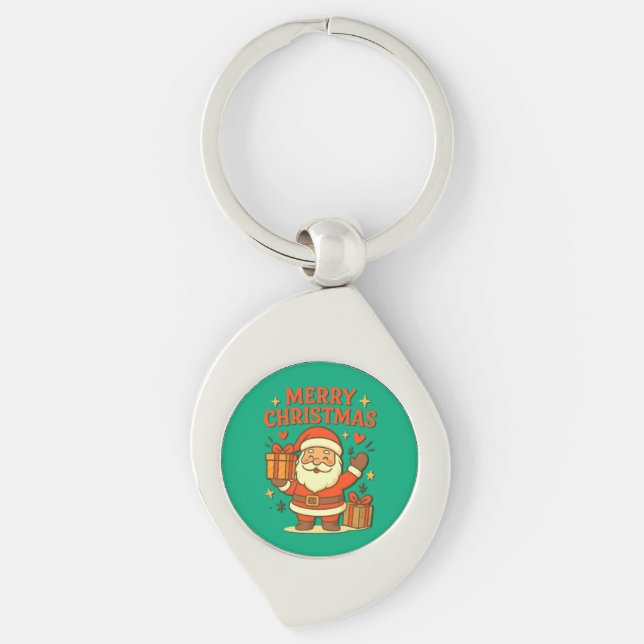 Söt jultomte julkonst –  God Jul Swirl Silverfärgad Nyckelring (Framsidan)