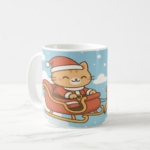 Söt jultomte katt flygande släde julmugg kaffemugg