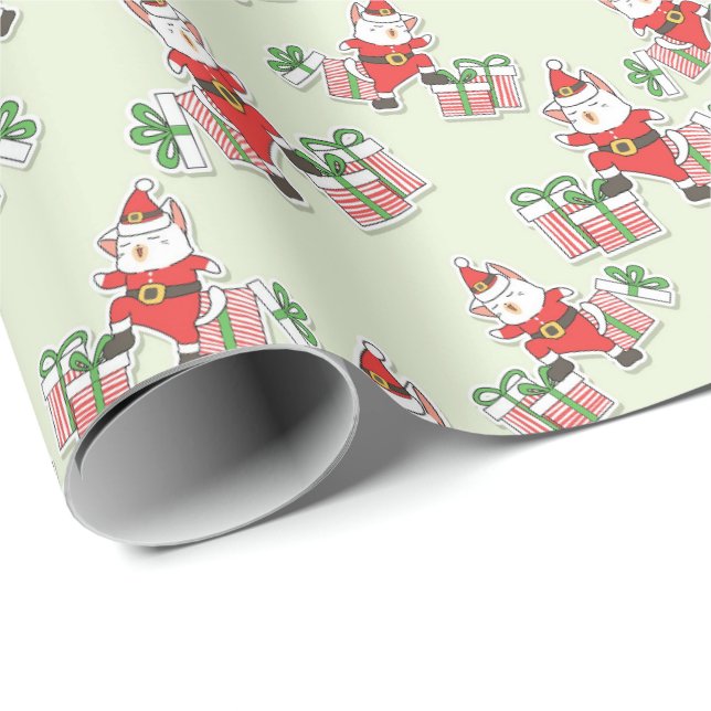 Söt jultomte katt tema julklappsinslagningspapper presentpapper (Rullad Hörn)