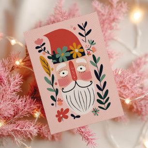 Söt jultomte Retro Blommig Rosa God Jul Vykort