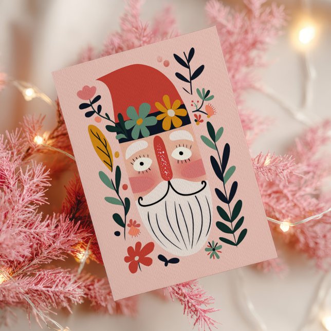 Söt jultomte Retro Blommig Rosa God Jul Vykort (Skapare uppladdad)