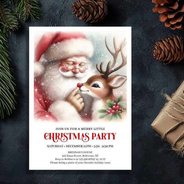 Söt jultomte Rudolph vinter julfest inbjudan (Cute Santa Rudolph Winter Christmas Party Invite)