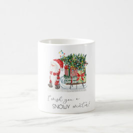 Söt jultomte, släde, presenter kaffemugg