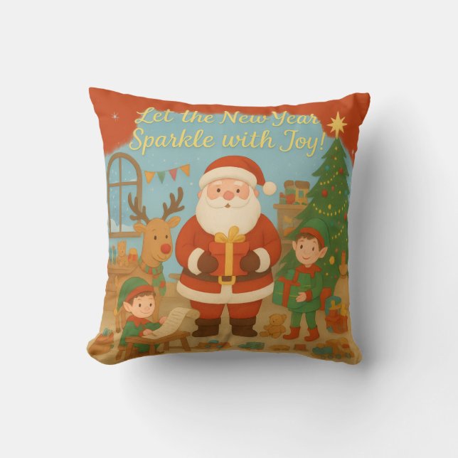 Söt jultomte & tomtebarn Nyårshälsningskort Kudde (Framsida)