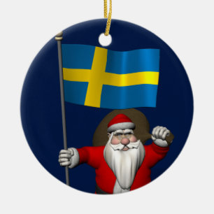 Söt Jultomten med Flagga av Sverige Julgransprydnad Keramik