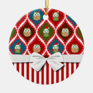 Söt jultomtomholly uggla rand mönster julgransprydnad keramik
