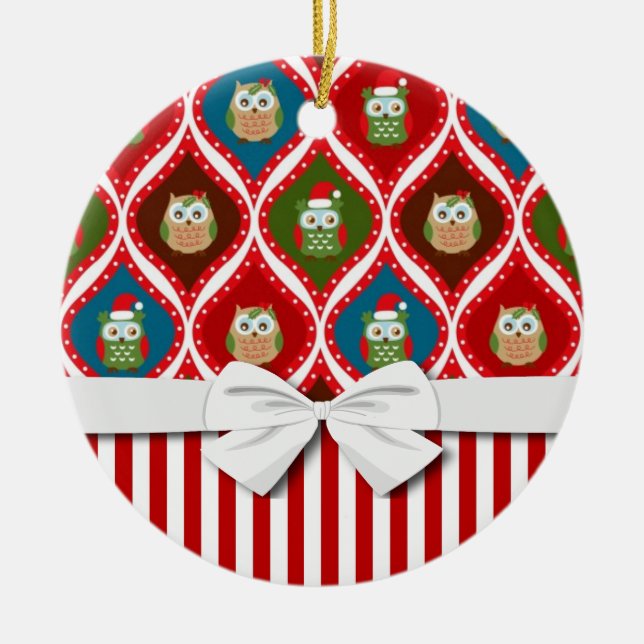 Söt jultomtomholly uggla rand mönster julgransprydnad keramik (Framsidan)