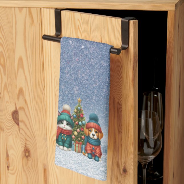 Söt julvalp & kattunge kökshandduk (Thirds Fold)