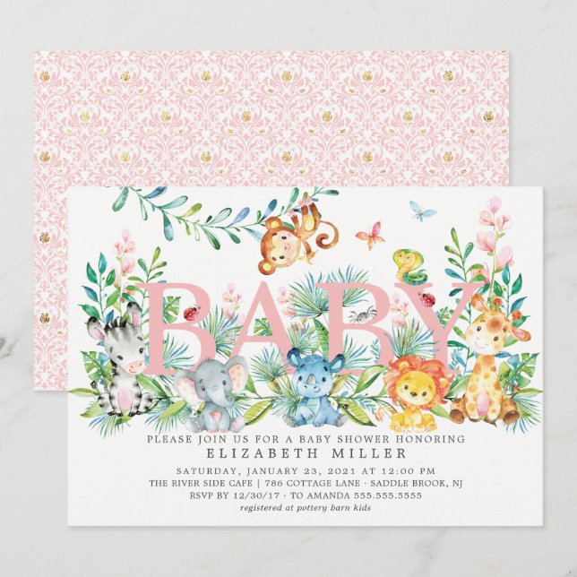 Söt jungle Animals Baby Shower-inbjudan Inbjudningar (Fram/baksida)