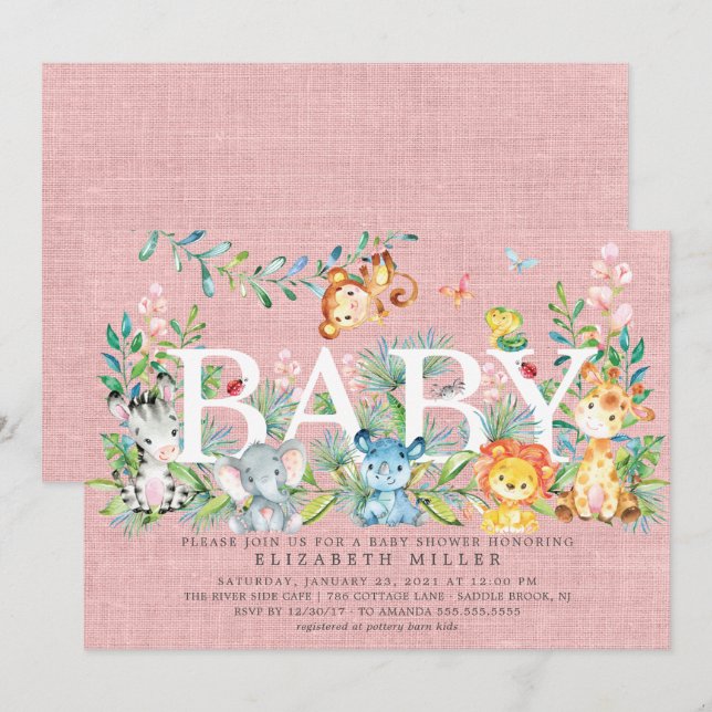 Söt jungle Animals Girls Baby Shower-inbjudan Inbjudningar (Fram/baksida)
