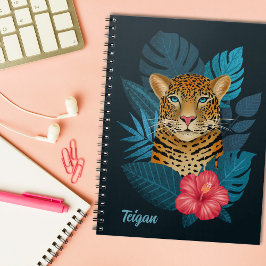 Söt Jungle Leopard Blommigt Art | Blå | NAMN Anteckningsbok