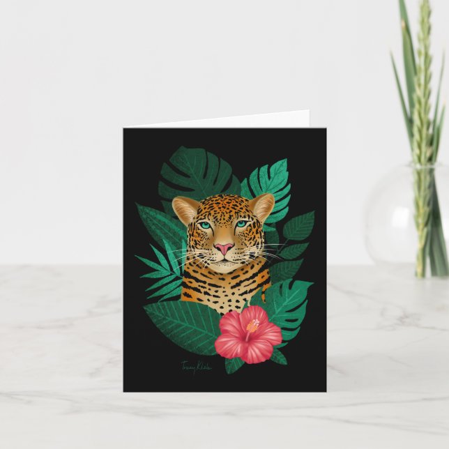 Söt Jungle Leopard Blommigt Art | Svart Grönt Anteckningskort (Framsida)
