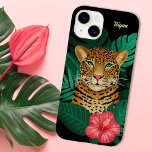 Söt Jungle Leopard Blommigt Art | Svart | NAMN<br><div class="desc">Den här fantastiska telefonväskan har en hand plockade/målad leopard,  med tropiska djungelns löv och en ljus rosa hibiscus blomma över en anpassningsbar färg bakgrund (i svart). En textmall ingår för enkel anpassning. Modern,  vacker och färgstark - gör en underbar gåva! *Bild / Illustration efter Tracey Khalei / Orabella Prints</div>