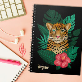Söt Jungle Leopard Blommigt Art | Svart | NAMN Anteckningsbok