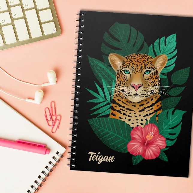 Söt Jungle Leopard Blommigt Art | Svart | NAMN Anteckningsbok (Skapare uppladdad)