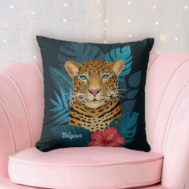 Söt Jungle Leopard Blommigt Art | Svart | NAMN Kudde