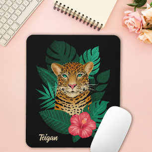 Söt Jungle Leopard Blommigt Art Svart NAMN Musmatta