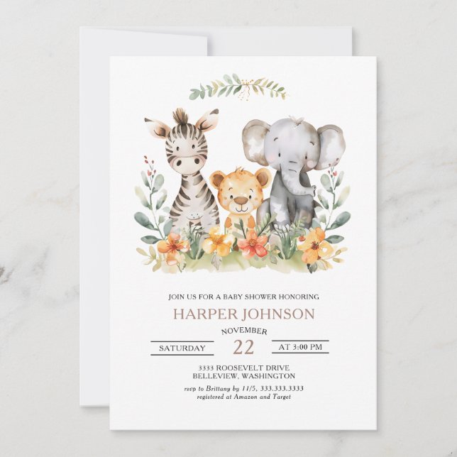 Söt Jungle Safari Animal Baby Shower-inbjudan Inbjudningar (Framsida)