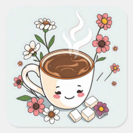 Söt kaffe och blommor Whimsical Fyrkantigt Klistermärke