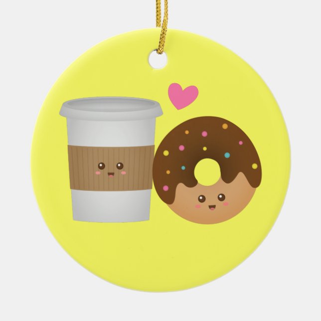 Söt kaffe och munk i kärlek, perfekt par julgransprydnad keramik (Framsidan)
