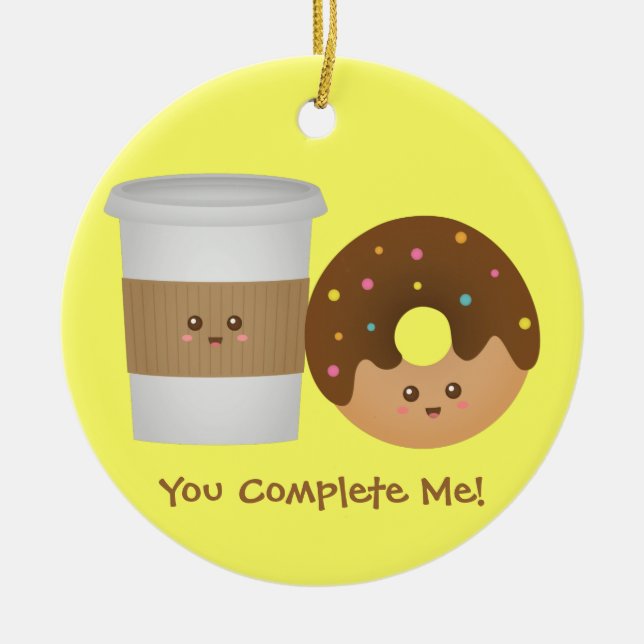 Söt kaffe och munk i kärlek, perfekt par julgransprydnad keramik (Framsidan)