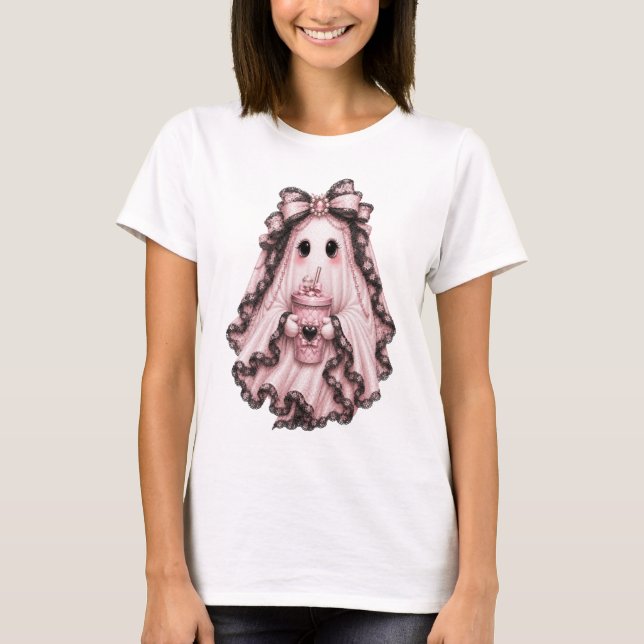 Söt kaffeghost Halloween T-shirt | Rosa Coquett (Framsida)