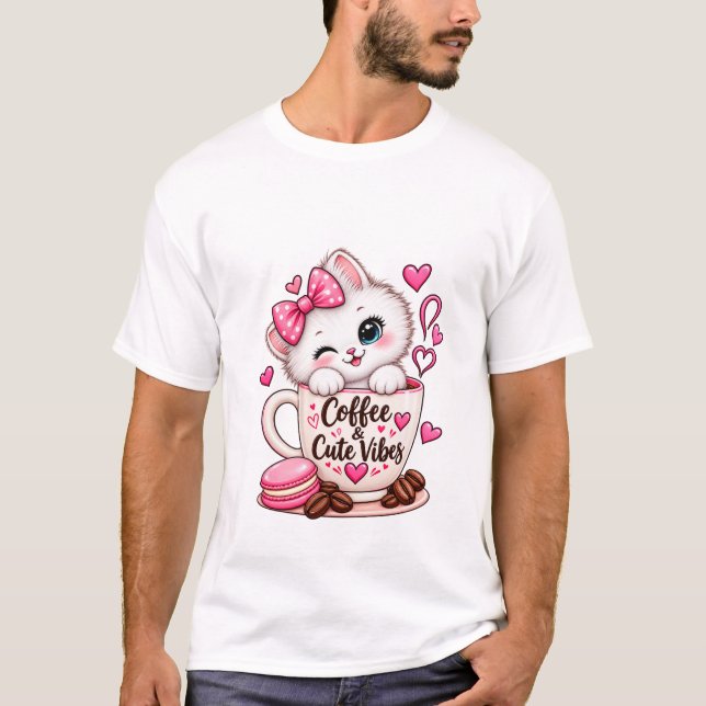 Söt kaffekatt T-shirt (Framsida)