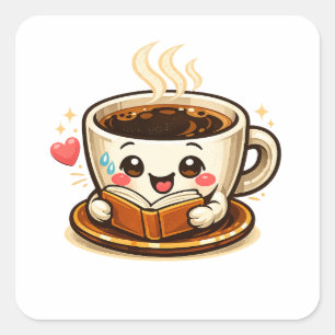 Söt kaffeläsningsbok   Mysig kaffefantast Fyrkantigt Klistermärke