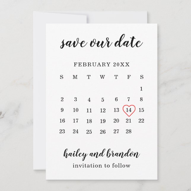 Söt Kalender Rött Hjärta Modern Bröllop Spara Datumet (Framsida)