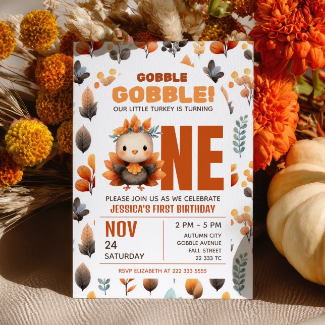 Söt kalkon höstlöv Thanksgiving 1-års födelsedag Inbjudningar (Skapare uppladdad)